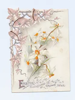 Fretwork: White flowers and silver bells on an Easter card