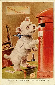 Posting: White puppy posting a letter