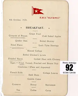 Menus: White Star Line, RMS Olympic - breakfast menu