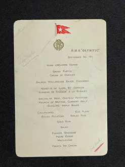 Manpower: White Star Line, RMS Olympic, dinner menu card