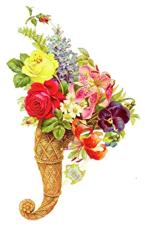 Forgetmenot: Wickerwork cornucopia with flowers on a Victorian scrap