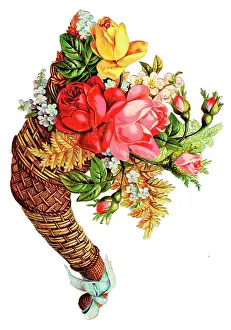 Forgetmenot: Wickerwork cornucopia with flowers on a Victorian scrap