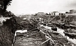 Widening: Widening a canal, construction work, Homura, Japan, circa 18