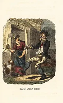 Rudolph Ackermann: A wife taking a stick to her drunken husband