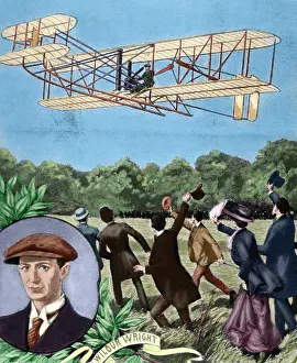 Unites: Wilbur Wright (1867-1912). Plane flying. France. Colored en