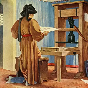 Proof: William Caxton checking a proof on his printing press