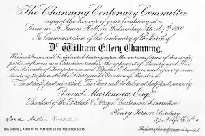 Unitarian: William Ellery Channing centenary invitation card
