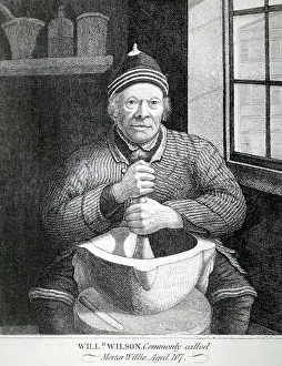 Pills: William Wilson using a pestel and mortar to prepare