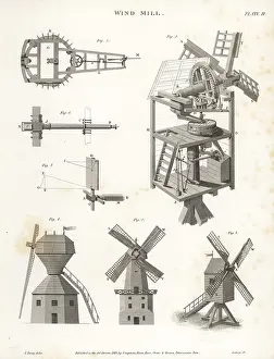 Farey: Windmill elevation, plan, side, showing power
