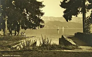 Voglmayr: Windstill at the Lake Attersee. With two sailing
