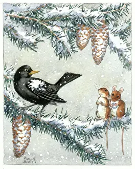 Winter blackbird and mice by Molly Brett