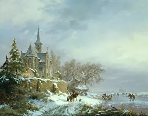 Kruseman: Winter ' with chateau and frozen river