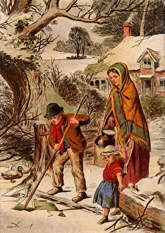 Relation: Winter: Country boy breaking ice so that his mother
