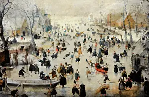 Sledge: Winter Landscape with Ice Skaters, c. 1608, by Hendrick Aver