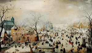 Sledge: Winter Landscape with Ice Skaters, c. 1608, by Hendrick Aver