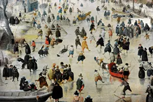 Sledge: Winter Landscape with Ice Skaters, c. 1608, by Hendrick Aver