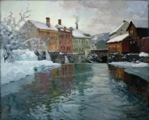 Thaulow: A Winter River Landscape ' with houses