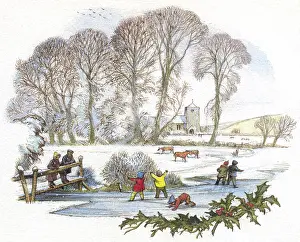 Strickland: Winter scene with children standing on ice