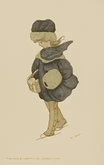 Coordinated: Winter scene. Girl with muff