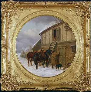 Smythe: Winter scene with horses outside stable