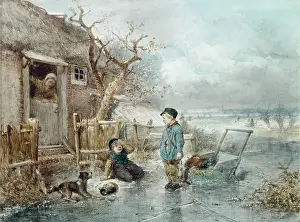Mari: Winter Scene on Ice ' two children and a dog