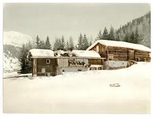 Grisons: Winter scene with log structure, Grisons, Switzerland