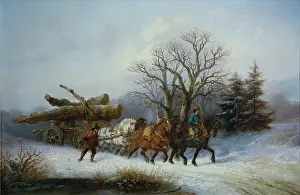 Leeuw: Winter Scene with logs being drawn by horses