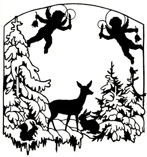 Cherubs: Winter silhouette with a deer, rabbit, squirrel and angels