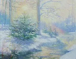 Jeanette: Winter Sunrise ' with fir tree by a stream
