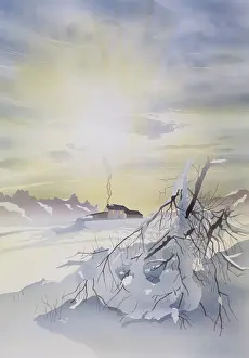 Drifts: Winter sunrise over isolated cottage