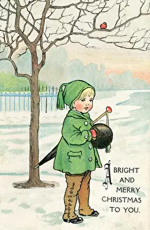 Robins: Wintry scene with little boy and robin