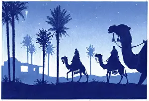 Two Colour: Three Wise Men on camels at Bethlehem