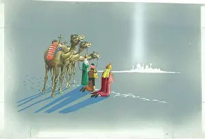 Afar: Three Wise Men - with camels gazing at Bethlehem