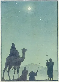 The three wise men follow the star to Bethlehem