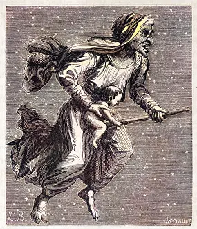 Broomstick: Witch on broomstick, with baby