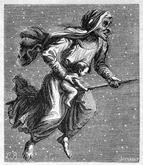 Broomstick: Witch on broomstick, with baby