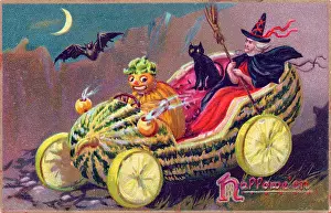 Broomstick: Witch, cat and chauffeur on a Halloween postcard