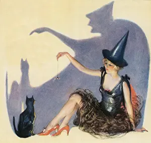 Haloween: Witch plays with Black Cat