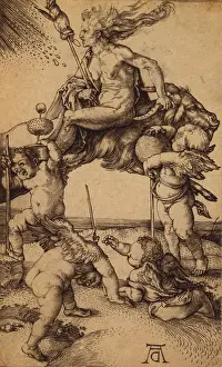 Backward: Witch riding backward on a goat accompanied by four putti