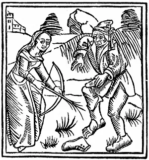 Divination: Witch shooting a man in the foot with an enchanted