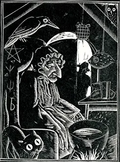 Witches: A witch sits by her cauldron surrounded by wildlife