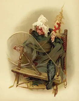 Distaff: Witch and tame crow at her spinning wheel