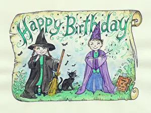 Bats: A Witch and a Wizard with Happy Birthday