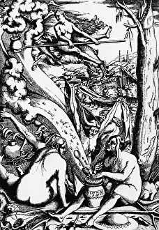 Coven: witchcraft, witches, etching by Hans Baldung