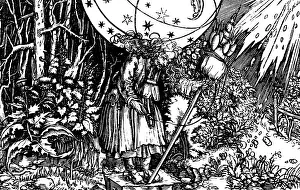 Distaff: witchcraft, witches, Old Sorceress with Distaff