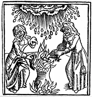 Bring: Witches casting a spell to bring rain. Woodcut