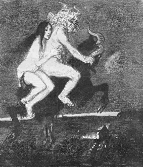 Sabbat: Two witches riding a flying goat to the sabbat