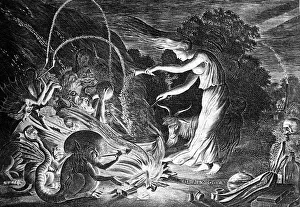 Daemon: witches, witch brewing a potion, copper engraving