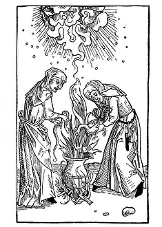 Sorcery: witches, wizard's cauldron, woodcut, 1490