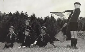 Signalling: Wolf cubs doing a semaphore test, Canada